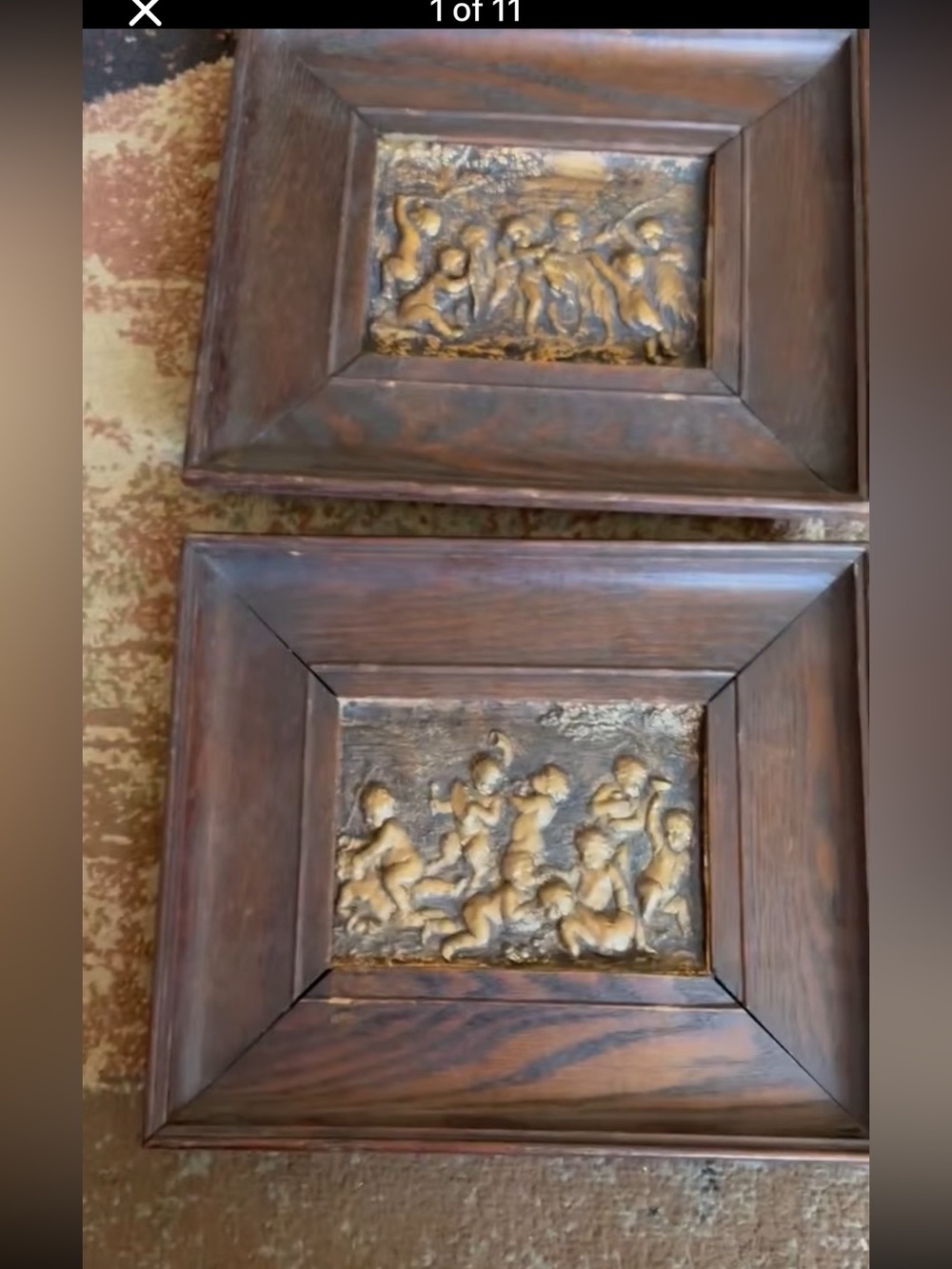 Decorative Wood Wall Plaques with Gilt Cherub Reliefs one pair 11x9.5 inches